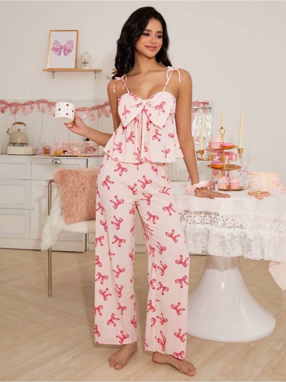 SHEIN Pink Bow-Print Tie-Strap Camisole & Pajama Set - Picture 3 of 4